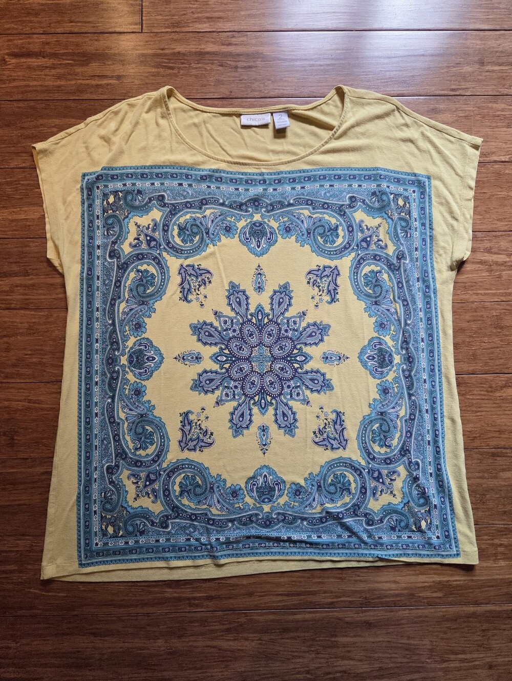 Chico's Yellow Paisley Medallion Dolman Top Size 2 Large Boho Festival Y2K VTG